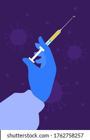 A doctor's hand in a blue surgical glove holds a syringe with a dose of vaccine against coronavirus. Vaccination shot close up. Covid-19 molecules on a colored background. Vaccinate injection pen.