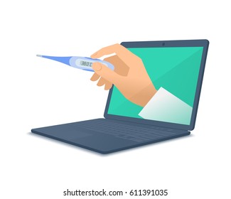 Doctor's hand, computer, thermometer. Medic through the laptop screen is measuring temperature. Tele, online, remote medicine concept. Vector flat isolated illustration on white background.
