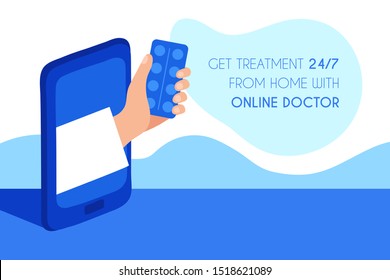 the doctor's hand gives the tablets through the smartphone screen. vector illustration in the style of hand drawn flat. Concept for online medicine and remote treatment and diagnosis. web banner