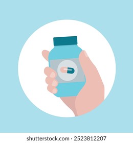 Mão do médico dando pílulas de remédios, garrafa com medicação. Pediatra e farmacêutico. Conceito de cuidados de saúde. ilustração vetorial plana