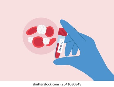 La mano del médico en el guante sostiene un tubo de prueba de VIH negativo. Sangre y células inmunitarias blancas bajo el microscopio. Ilustración vectorial en estilo plano.