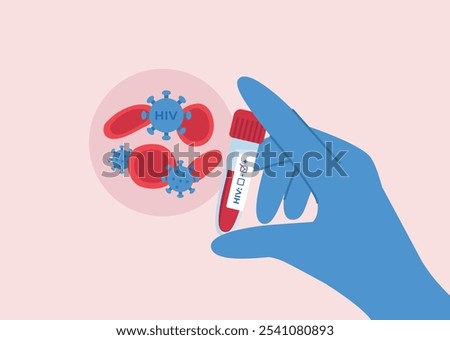 Doctor's hand in glove hold a positive HIV test tube. Blood and white immune cells under the microscope.Vector illustration in flat style.