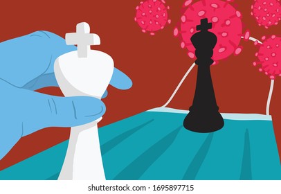 Doctor's hand in glove move the white king on the mask to fight with black king of Covid-19.