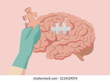 Doctor's hand with gloves holding the jigsaw of brain for add it on space of the puzzle. Concept illustration about dementia and Alzheimer's disease treatment.