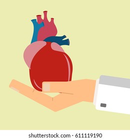 Doctors hand hold human heart. Healthcare concept. Vector illustration