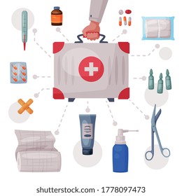 Doctors Hand Holding First Aid Kit Box with Medical Equipment and Medications, Tube of Ointment, Thermometer, Plaster, Ampule, Syringe, Forceps, Bandage Roller, Pills Flat Vector Illustration