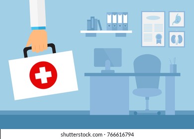Mano del médico que sostiene el botiquín de primeros auxilios o el maletín médico. Concepto sanitario y médico. Ilustración vectorial.