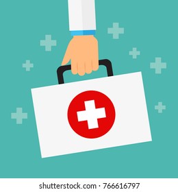 Doctor's hand holding first aid kit or medical briefcase. Healthcare and medical concept. Vector illustration.