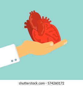 doctor's hand holding human heart on background, vector illustration concept for health care and medical 