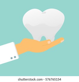 doctor's hand holding human tooth on background, Tooth care concept. Vector  Illustration
