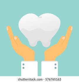 doctor's hand holding human tooth on background, Tooth care concept. Vector  Illustration