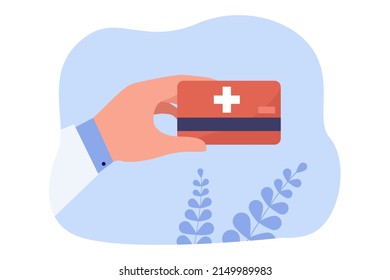 Doctors hand holding medical insurance plastic card. Treatment and care for person in hospital flat vector illustration. Healthcare service concept for banner, website design or landing web page