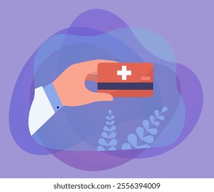 Doctors hand holding medical insurance plastic card. Treatment and care for person in hospital flat vector illustration. Healthcare service concept for banner, website design or landing web page