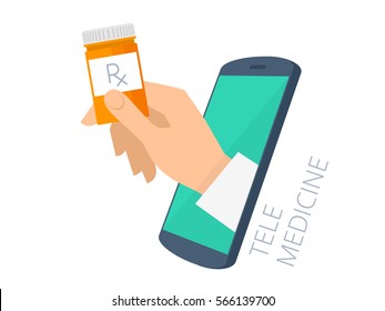 Doctor's hand holding orange container through the phone screen giving the drug, cure to patient. Tele, online medicine flat concept illustration. Vector design infographic element isolated on white.