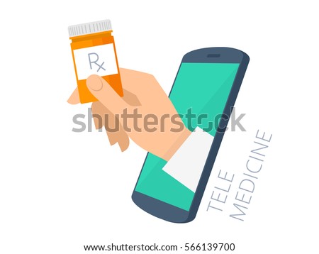 Doctor's hand holding orange container through the phone screen giving the drug, cure to patient. Tele, online medicine flat concept illustration. Vector design infographic element isolated on white.