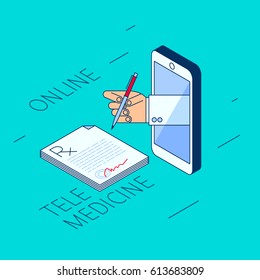 Doctor's hand holding a pen. Through the phone screen signing rx prescription. Isometric 3d flat line concept illustration. Vector element for tele, online, remote medicine design and infographic. 