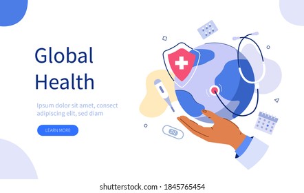 Doctors Hand Holding Planet Earth with Stethoscope around. Online Medical Services and Global Health Care Concept. Flat Cartoon Vector  Illustration.