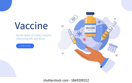 Doctors Hand Holding Planet Earth with ready for Clinical Trial Covid Vaccine. Preparing For Global Vaccination against Coronavirus. Immunization Campaign Concept. Flat Cartoon Vector Illustration.\n