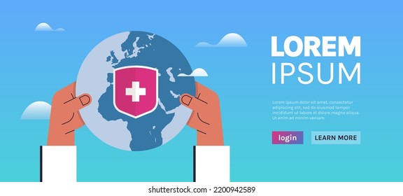 Doctors hand holding planet earth and global health care concept flat vector illustration.