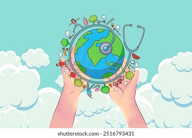 Médicos Segurando o Planeta Terra com Estetoscópio ao redor. Serviços médicos on-line e conceito global de assistência médica. Ilustração plana do vetor do desenho animado,SHOTLISThealth