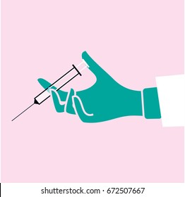 Doctor's hand holding a plastic medical syringe with needle. Concept of vaccination, injection. Vector illustration
