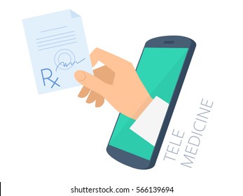 Doctor's hand holding rx through the phone screen giving the prescription to patient. Tele, online medicine flat concept illustration. Vector design infographic element isolated on white background.