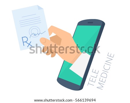 Doctor's hand holding rx through the phone screen giving the prescription to patient. Tele, online medicine flat concept illustration. Vector design infographic element isolated on white background.