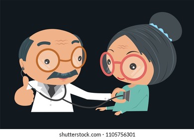 Doctor's hand holding a stethoscope checking heartbeat of old women. healthcare flat design concept isolated on dark background. Vector illustration.