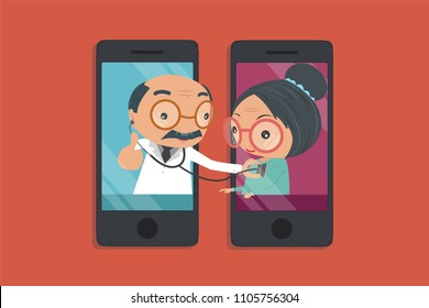 Doctor's hand holding a stethoscope through the phone screen checking heartbeat of old women. online, remote healthcare flat design concept isolated on orange background. Vector illustration.