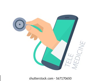 Mão do médico segurando um estetoscópio pela tela do telefone verificando o pulso. Tele, online, ilustração de conceito plano de medicina remota. Elemento de infográfico de design vetorial isolado no fundo branco.