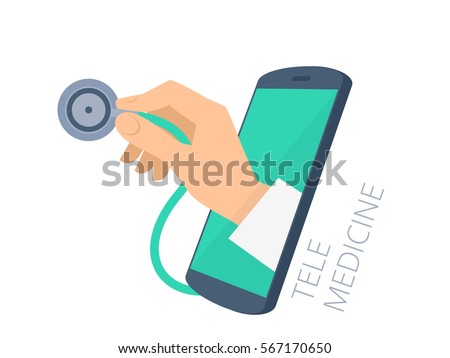 Doctor's hand holding a stethoscope through the phone screen checking pulse. Tele, online, remote medicine flat concept illustration. Vector design infographic element isolated on white background.