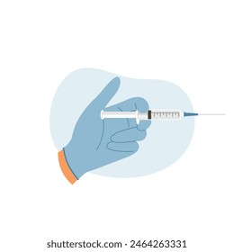 Doctors hand holding syringe to inject medicine to patient. Treatment, immunization concept
