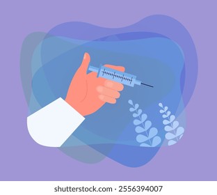 Doctors hand holding syringe to inject medicine to patient. Treatment, care and immunization of person flat vector illustration. Hospital concept for banner, website design or landing web page