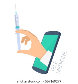 Doctor's hand holding a syringe with vaccine through the phone screen makes injection to patient. Tele, online medicine flat concept illustration. Vector design infographic element isolated on white.