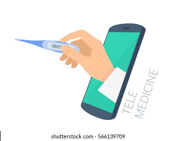 Doctor's hand holding a thermometer through the phone screen is measuring temperature. Tele, online medicine flat concept illustration. Vector design infographic element isolated on white background.