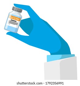 doctor's hand holding the vaccine vial flat design vector illustration, vaccine discovery concept