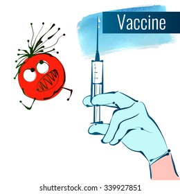 The doctor's hand holds the syringe with the vaccine. The virus escapes. Funny vector illustration