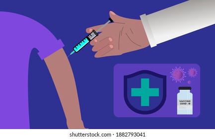 Doctor's hand injecting covid-19 vaccine in patient arm.Coronavirus vaccination concept background.Medical healthcare banner web template poster.