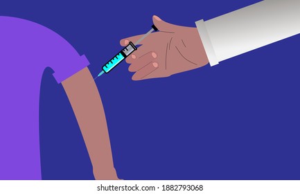 Doctor's hand injecting covid-19 vaccine in patient arm.Coronavirus vaccination concept background.Medical healthcare banner web template poster.
