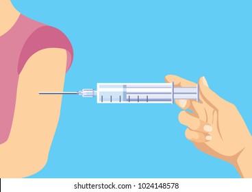 Doctors hand injects the vaccine into the patients shoulder. Template for healthcare, hospital and medical treatment. Vector illustration in flat style