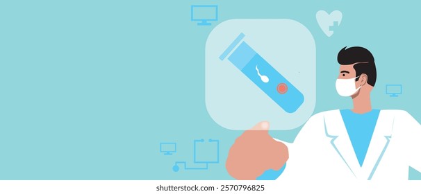 Doctor's hand with IVF test tube, flat vector stock illustration or copy space template as fertility concept