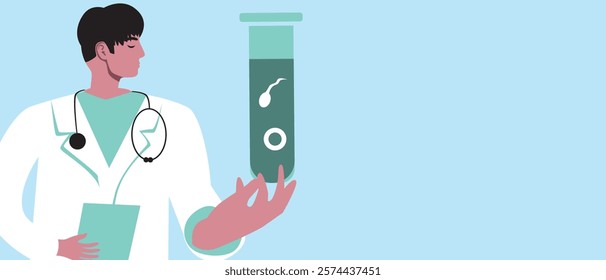 Doctor's hand with IVF test tube, flat vector stock illustration or copy space template as fertility concept