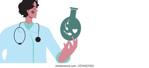 Doctor's hand with IVF test tube, flat vector stock illustration or copy space template as fertility concept