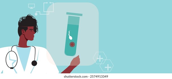 Doctor's hand with IVF test tube, flat vector stock illustration or copy space template as fertility concept