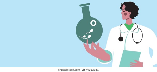 Doctor's hand with IVF test tube, flat vector stock illustration or copy space template as fertility concept