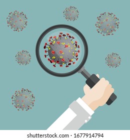 Doctors hand with a loupe and coronvirus models. Eps 10 vector file.