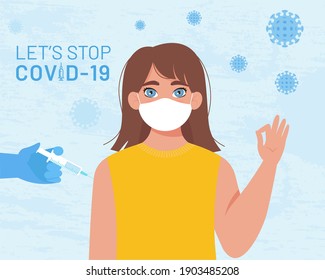 Doctor's hand making Injection to Female Patient. Let’s stop coronavirus covid-19. Vector illustration in cartoon flat style