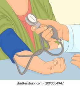 Mano del médico que mide la presión arterial de los pacientes ancianos