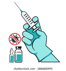 Doctor's hand in a medical glove with a syringe for injection. Coronavirus vaccine vaccination concept. Vector icon on transparent background