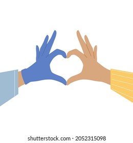 Doctor's hand and patient's hand make a heart symbol. Medical care concept. Banner design.